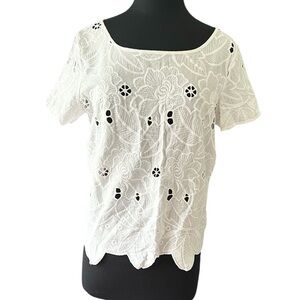 August Silk White Short Sleeve Eyelet Embroidered Blouse size XL